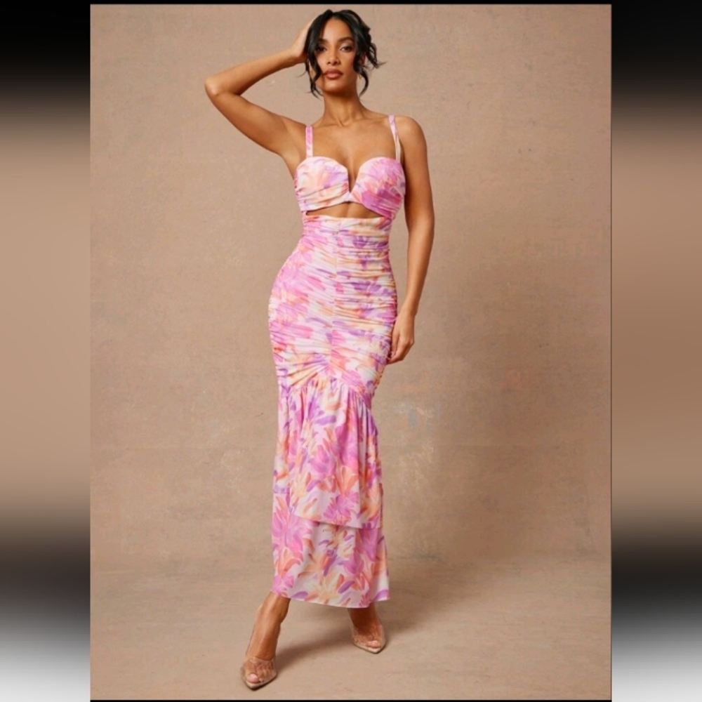 Floral Ruched Mermaid Hem With Cutout Details Dress